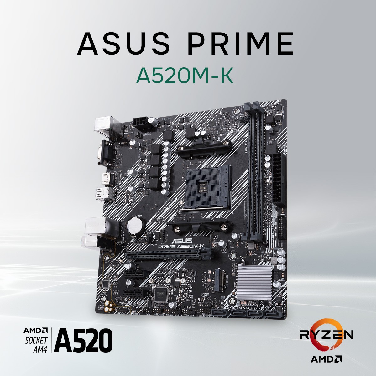 ASUS PRIME A520M-K (Socket AM4, mATX, 2xDDR4(64GB),  VGA/HDMI 2.1, 1xPCIe 3.0x16/2xPCIe 3.0, 1xLAN, 4xSATA 6Gb/s, 1xM.2, 4xUSB 3.2, 2xUSB 2.0, 1xPS/2)
